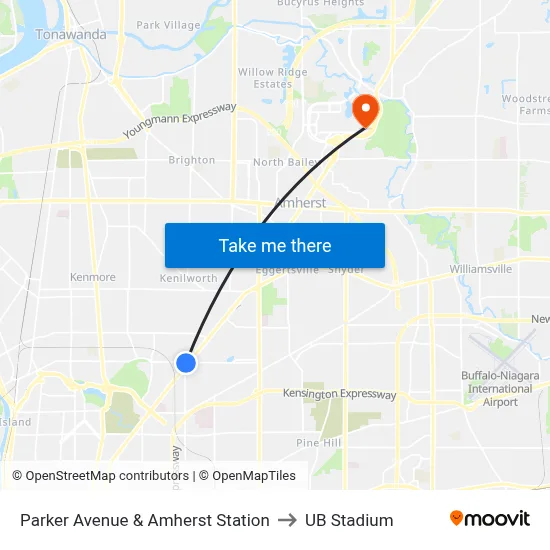 Parker Avenue & Amherst Station to UB Stadium map
