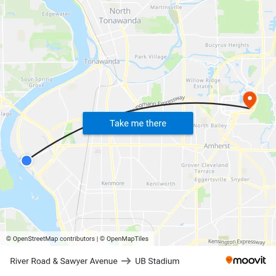 River Road & Sawyer Avenue to UB Stadium map