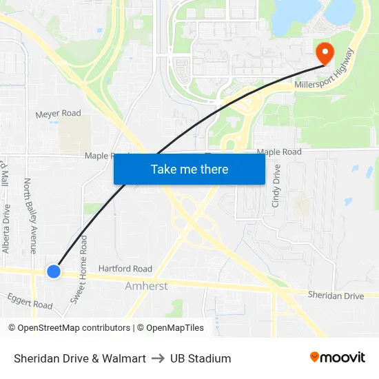 Sheridan Drive & Walmart to UB Stadium map