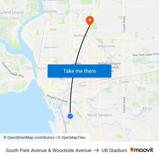 South Park Avenue & Woodside Avenue to UB Stadium map