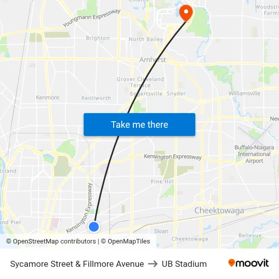 Sycamore Street & Fillmore Avenue to UB Stadium map