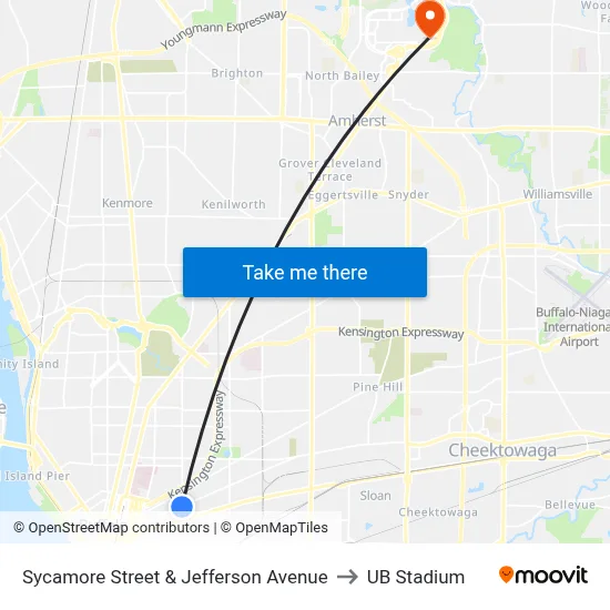 Sycamore Street & Jefferson Avenue to UB Stadium map