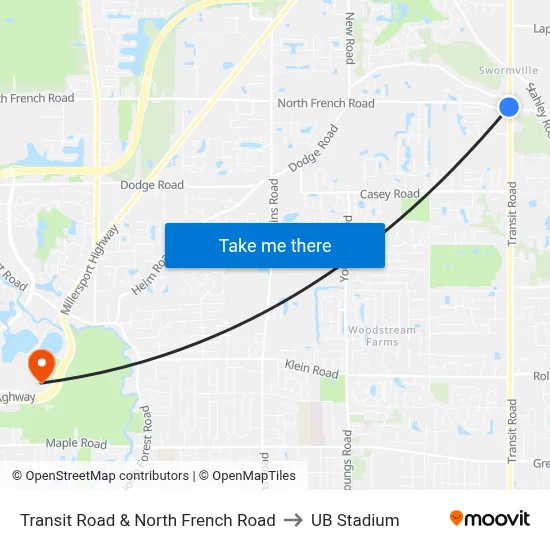 Transit Road & North French Road to UB Stadium map