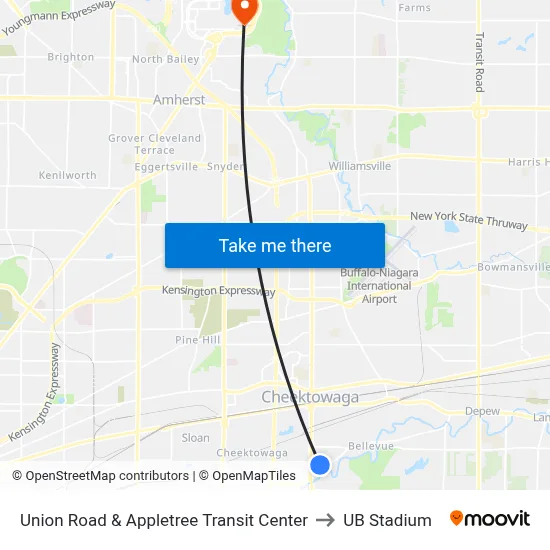 Union Road & Appletree Transit Center to UB Stadium map