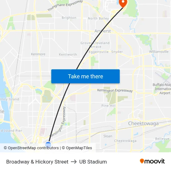 Broadway & Hickory Street to UB Stadium map
