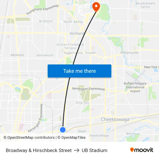 Broadway & Hirschbeck Street to UB Stadium map
