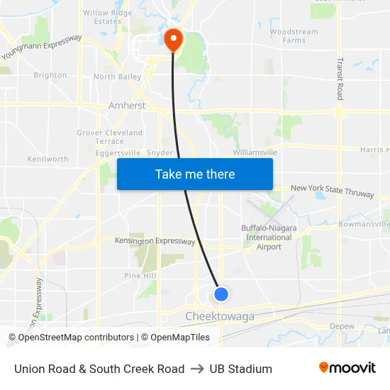 Union Road & South Creek Road to UB Stadium map