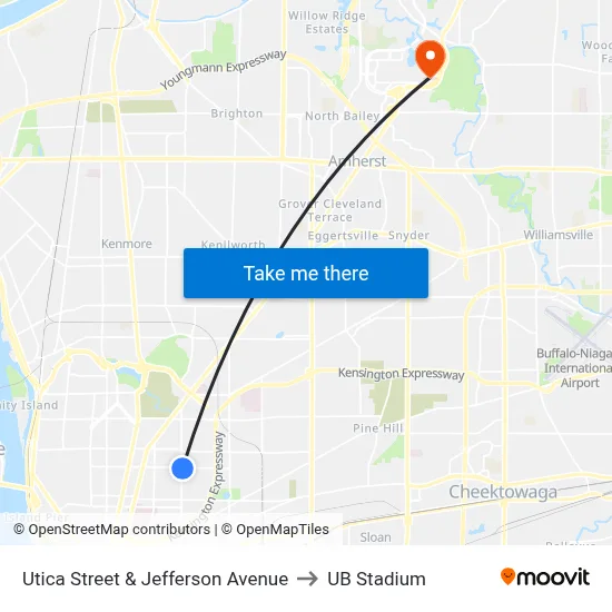 Utica Street & Jefferson Avenue to UB Stadium map