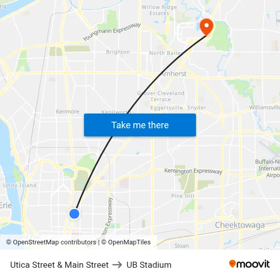 Utica Street & Main Street to UB Stadium map