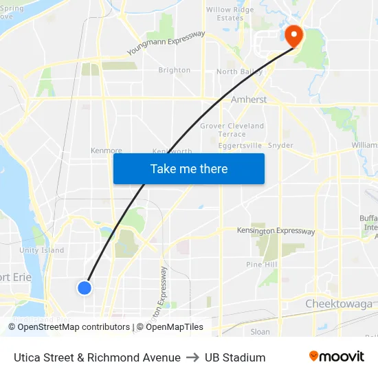 Utica Street & Richmond Avenue to UB Stadium map