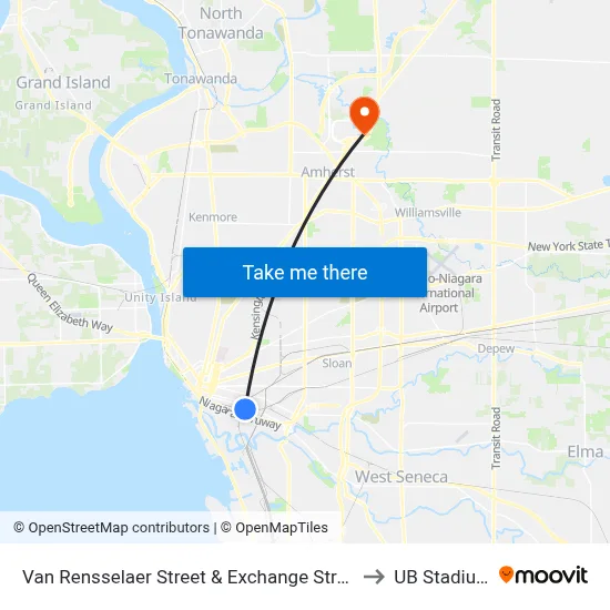 Van Rensselaer Street & Exchange Street to UB Stadium map