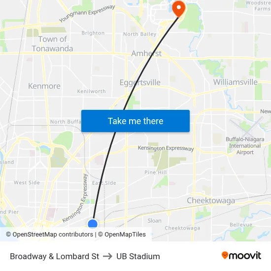 Broadway & Lombard St to UB Stadium map