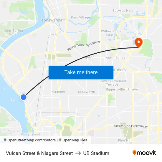 Vulcan Street & Niagara Street to UB Stadium map