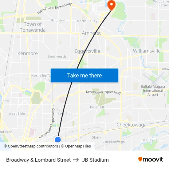 Broadway & Lombard Street to UB Stadium map