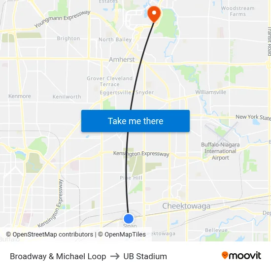 Broadway & Michael Loop to UB Stadium map