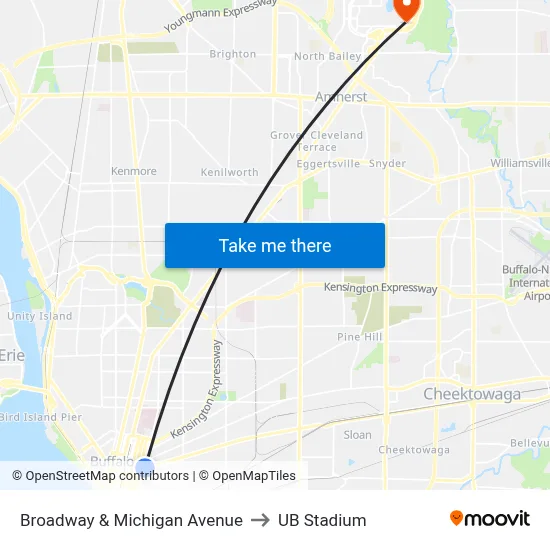 Broadway & Michigan Avenue to UB Stadium map