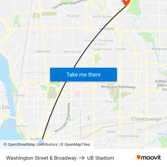 Washington Street & Broadway to UB Stadium map