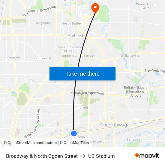 Broadway & North Ogden Street to UB Stadium map