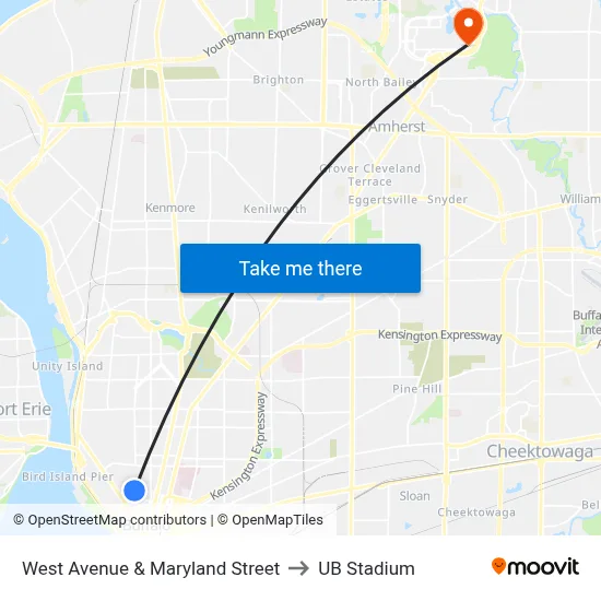 West Avenue & Maryland Street to UB Stadium map