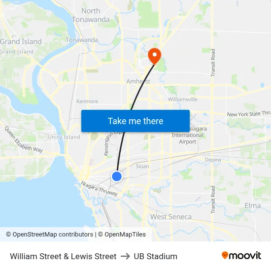 William Street & Lewis Street to UB Stadium map