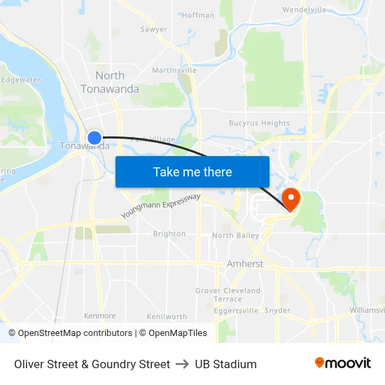 Oliver Street & Goundry Street to UB Stadium map