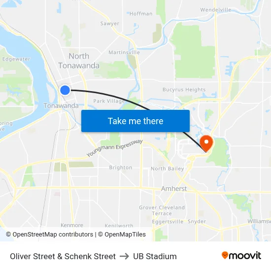 Oliver Street & Schenk Street to UB Stadium map