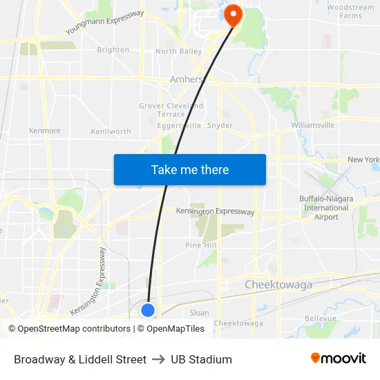 Broadway & Liddell Street to UB Stadium map