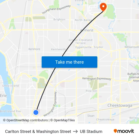 Carlton Street & Washington Street to UB Stadium map
