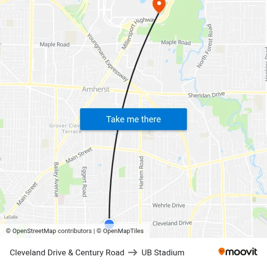 Cleveland Drive & Century Road to UB Stadium map