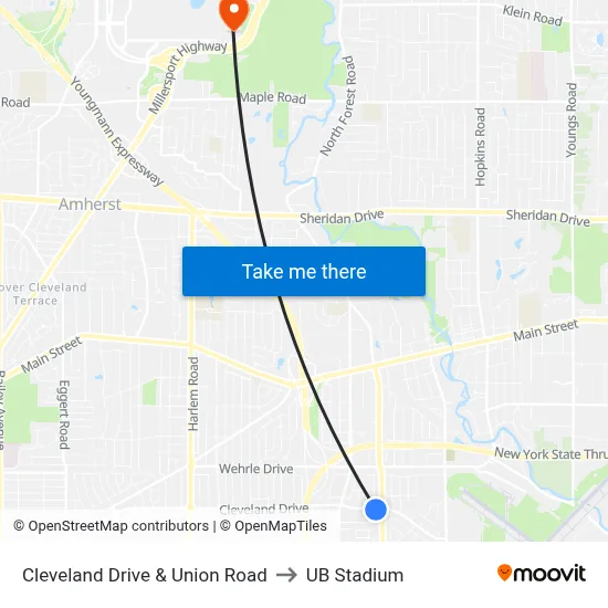 Cleveland Drive & Union Road to UB Stadium map