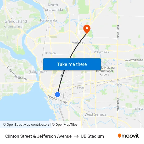 Clinton Street & Jefferson Avenue to UB Stadium map