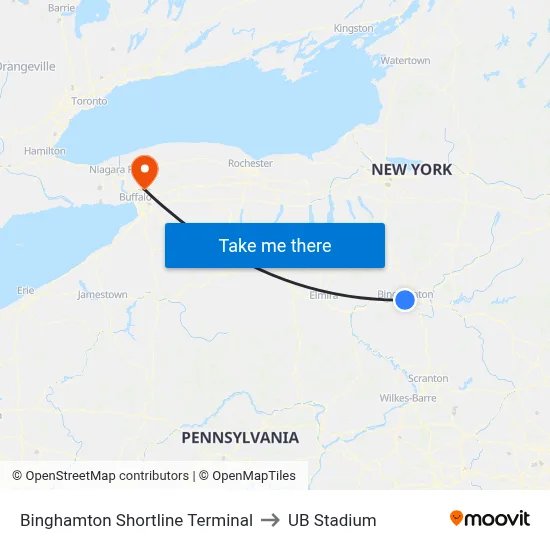 Binghamton Shortline Terminal to UB Stadium map