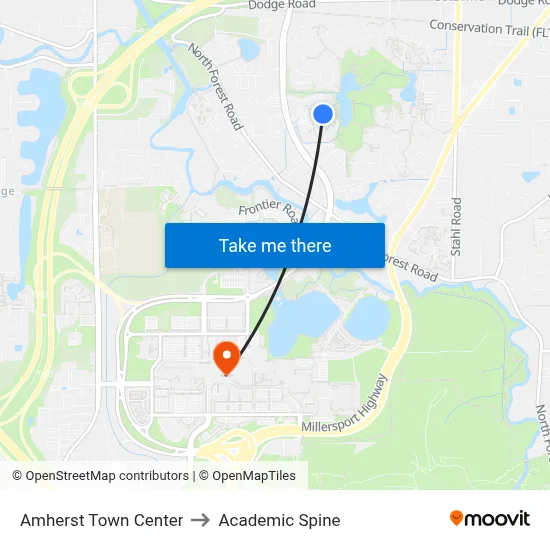 Amherst Town Center to Academic Spine map