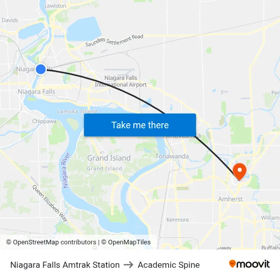 Niagara Falls Amtrak Station to Academic Spine map