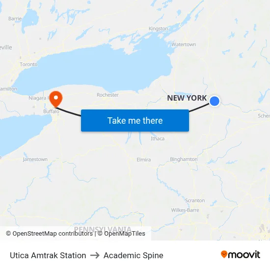 Utica Amtrak Station to Academic Spine map