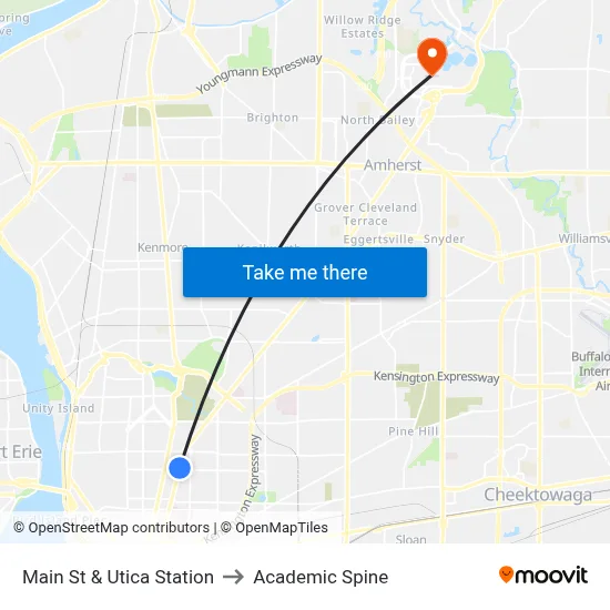 Main St & Utica Station to Academic Spine map
