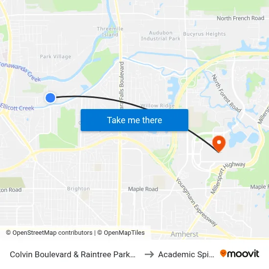 Colvin Boulevard & Raintree Parkway to Academic Spine map