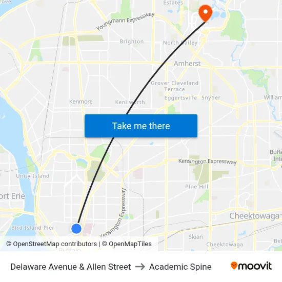 Delaware Avenue & Allen Street to Academic Spine map