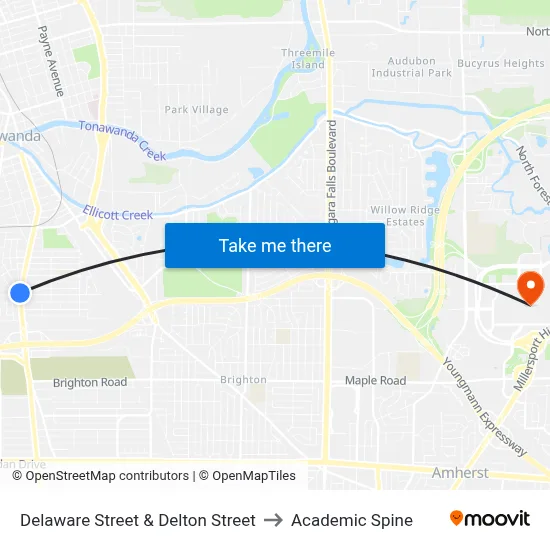 Delaware Street & Delton Street to Academic Spine map