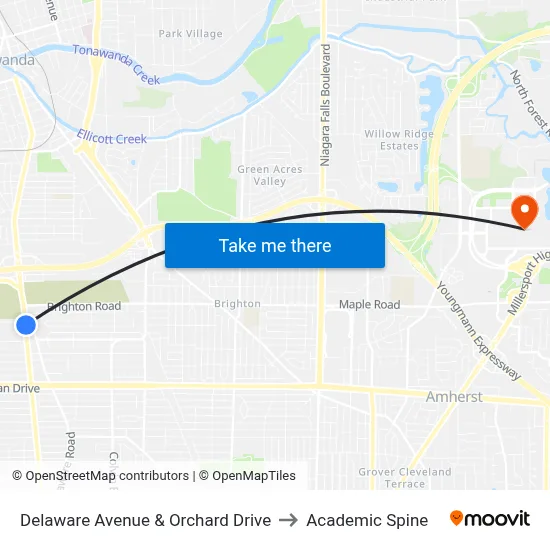 Delaware Avenue & Orchard Drive to Academic Spine map