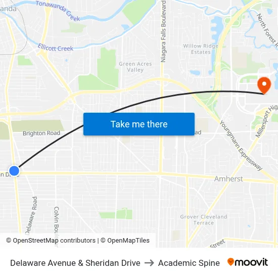 Delaware Avenue & Sheridan Drive to Academic Spine map