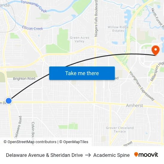 Delaware Avenue & Sheridan Drive to Academic Spine map