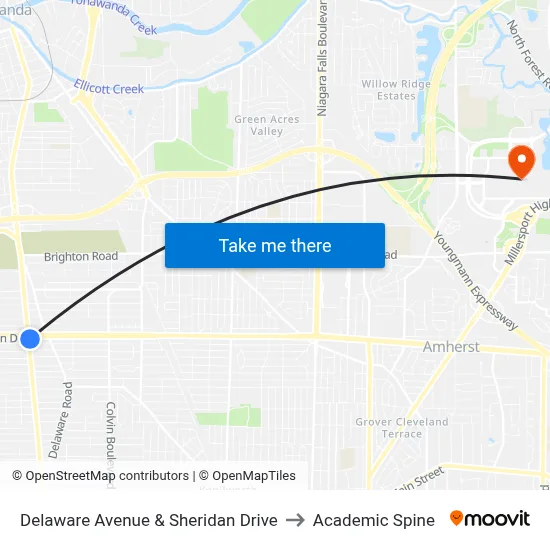 Delaware Avenue & Sheridan Drive to Academic Spine map