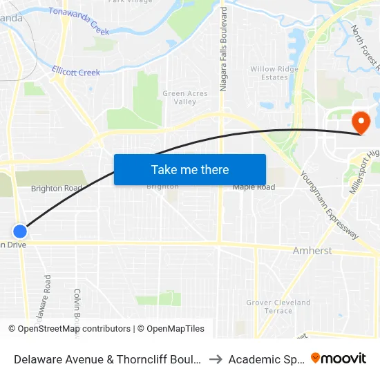 Delaware Avenue & Thorncliff Boulevard to Academic Spine map