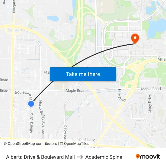 Alberta Drive & Boulevard Mall to Academic Spine map