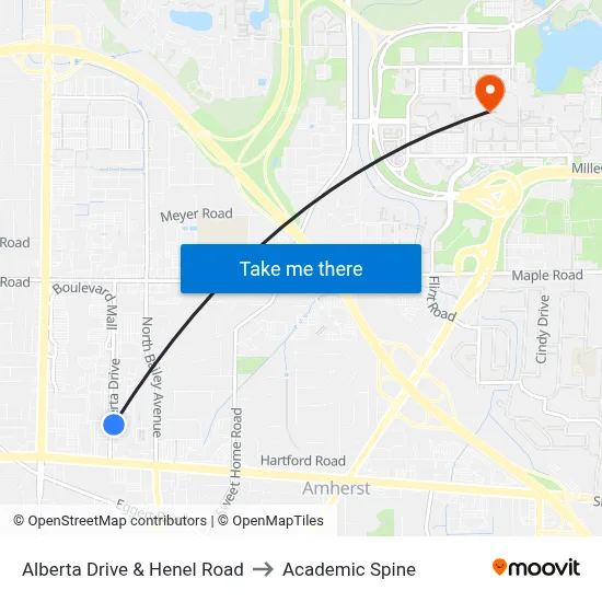 Alberta Drive & Henel Road to Academic Spine map