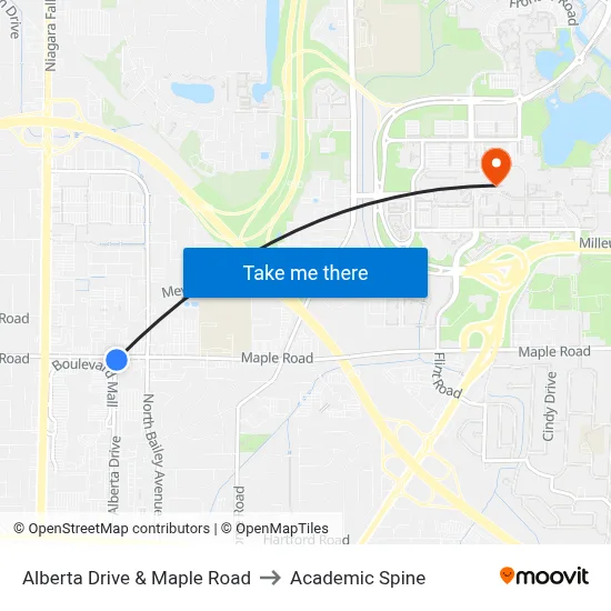 Alberta Drive & Maple Road to Academic Spine map