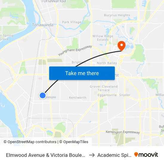 Elmwood Avenue & Victoria Boulevard to Academic Spine map