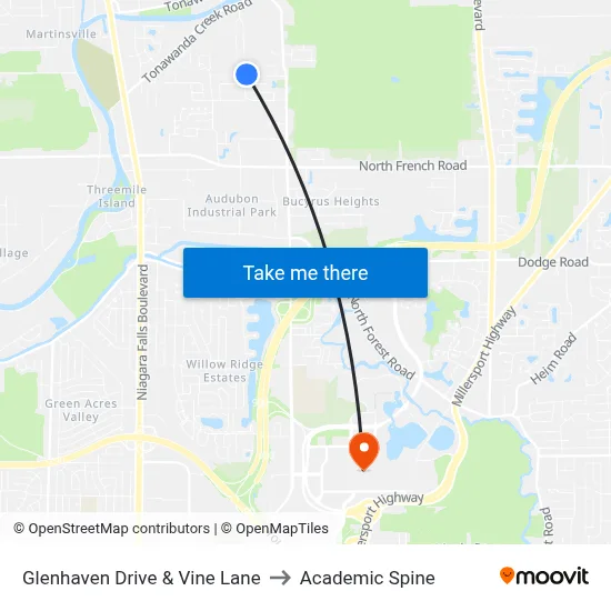 Glenhaven Drive & Vine Lane to Academic Spine map