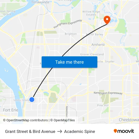 Grant Street & Bird Avenue to Academic Spine map